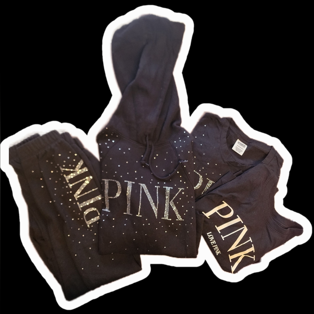 PINK Victoria's Secret- Black Studded Hoodie, Jogger & Tee Set
